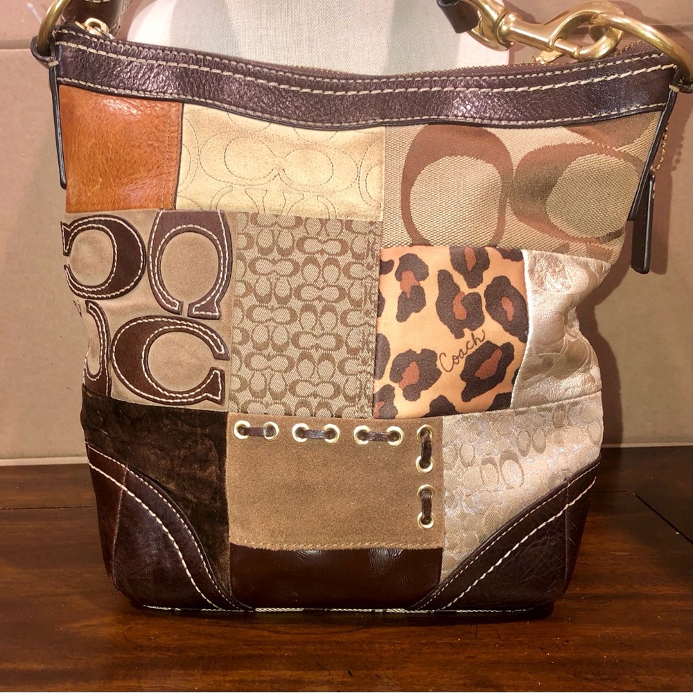 COACH Patchwork Top Zipper Crossbody Shoulder Bag Animal Print Brown Lining
